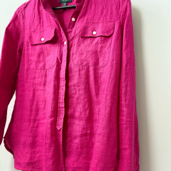 100% Linen Ralph Lauren Fuchsia Long Sleeve Shirt Size M - Picture 2 of 7